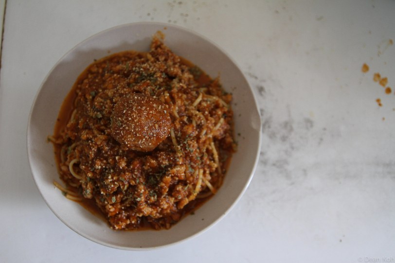 My own lunch! Spaghetti bolognese with a giant meatball.